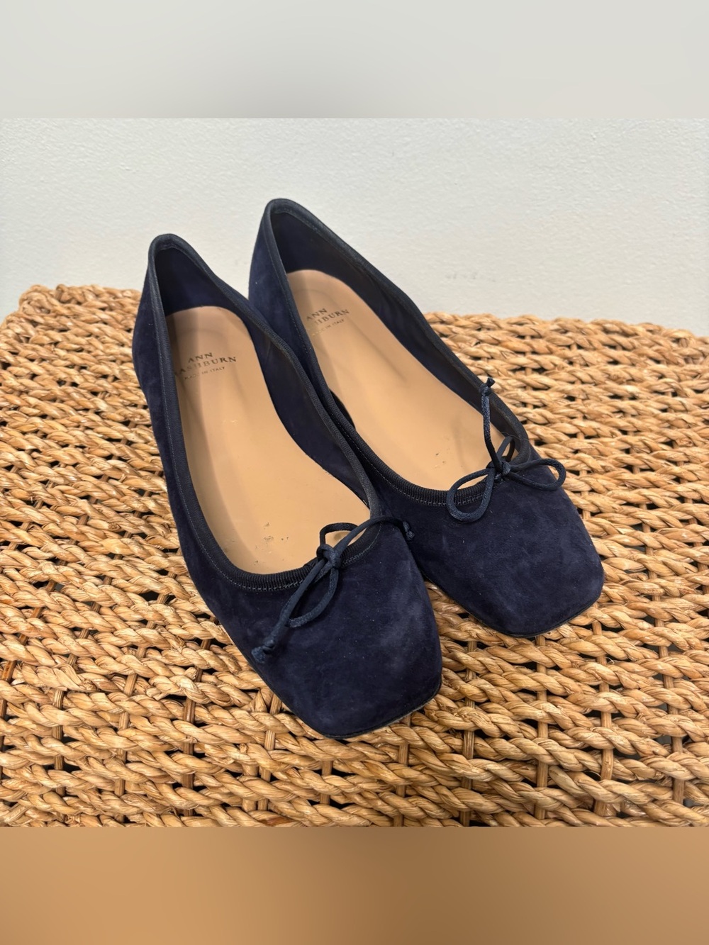 Ann Mashburn Flats Made in Italy Navy Blue Suede Square Toe Bow 38.5